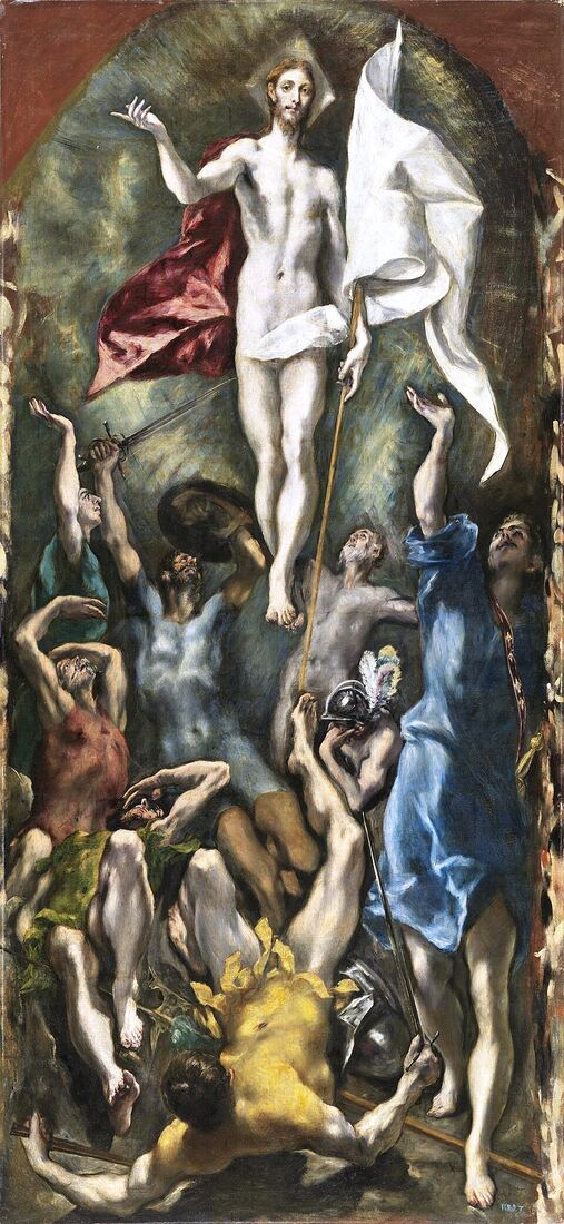 El Greco, "The Resurrection" (c. 1600). A vertical explosion: Christ soars upward with a white banner, weightless as a flame, while the guards tumble down. Not a triumph after death but an irruption of life that overturns the world.