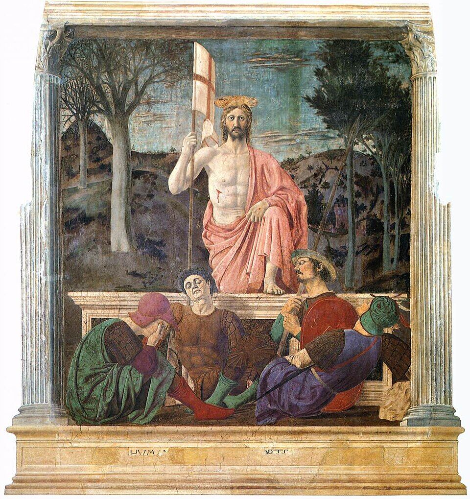 Piero della Francesca, "The Resurrection" (c. 1465). The risen one looks straight at the viewer, one foot set on the edge of the tomb; the guards sleep, the world has not noticed. The landscape is split in two: bare winter trees on the left, green ones on the right. Aldous Huxley called it "the best picture in the world."